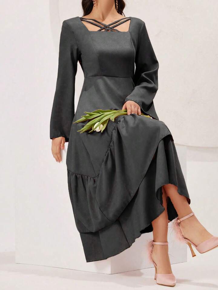 CM-DS166556 Women Elegant Seoul Style V-Neck Bell Sleeve Ruffle Hem A-Line Dress - Black