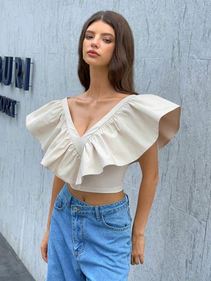CM-TS439141 Women Casual Seoul Style Deep V-Neck Sleeveless Ruffle Hem Top - Apricot