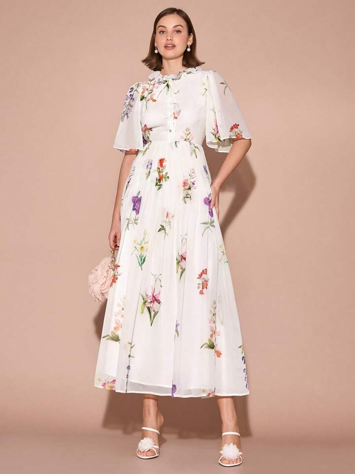 CM-DS117451 Women Elegant Seoul Style Round Neck Floral Pleated Hem Trumpet Short Sleeves Maxi Dress