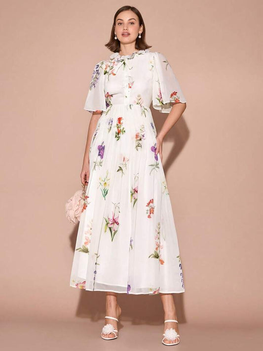 CM-DS117451 Women Elegant Seoul Style Round Neck Floral Pleated Hem Trumpet Short Sleeves Maxi Dress