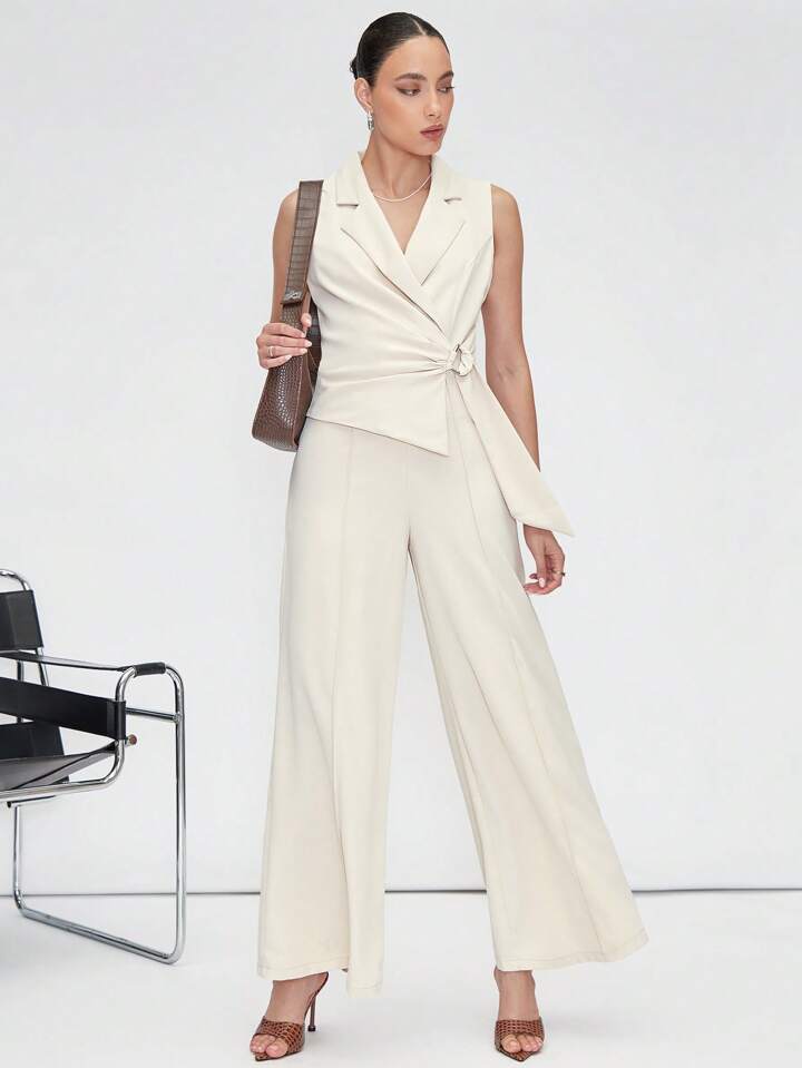 CM-JS565333 Women Elegant Seoul Style Lapel Neckline Sleeveless Wide Leg Jumpsuit - Beige