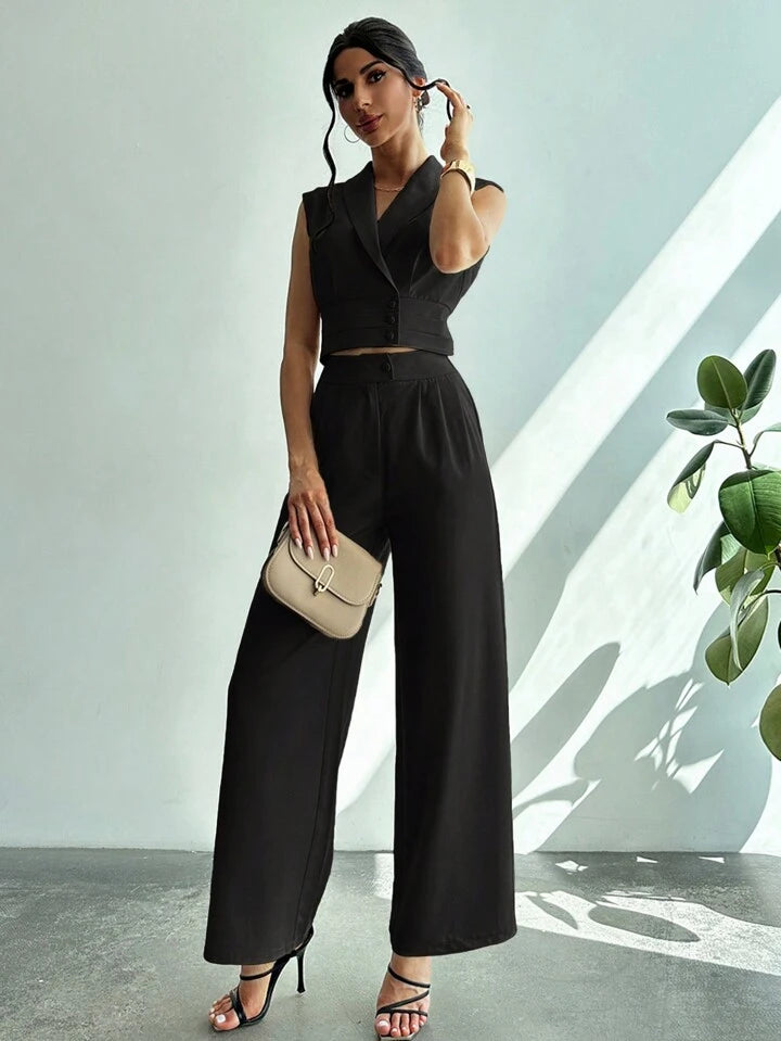 CM-SS663630 Women Elegant Seoul Style Collared Fitted Cap Sleeve Shirt With Straight-Leg Pants Suit - Black