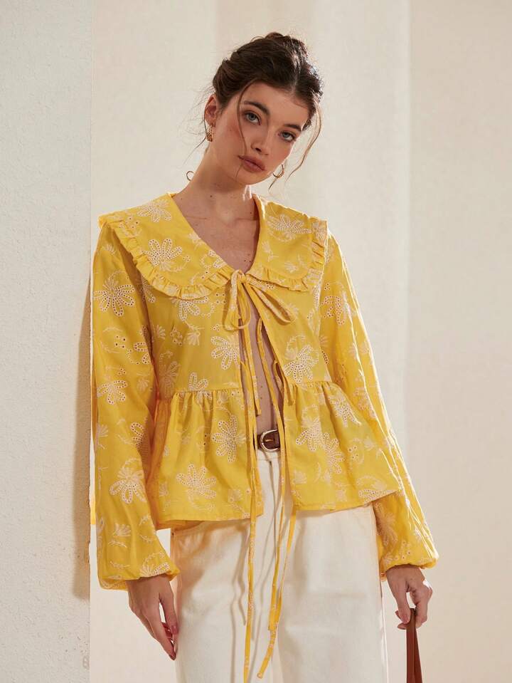 CM-TS711877 Women Casual Seoul Style Peter Pan Collar Tie-Up Bow Embroidered Long Sleeve Blouse