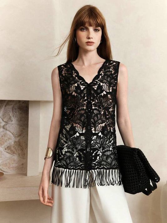 CM-TS197853 Women Elegant Seoul Style Lace Hollow Out V-Neck Splice Tassel Sleeveless Open Cover Up Top - Black