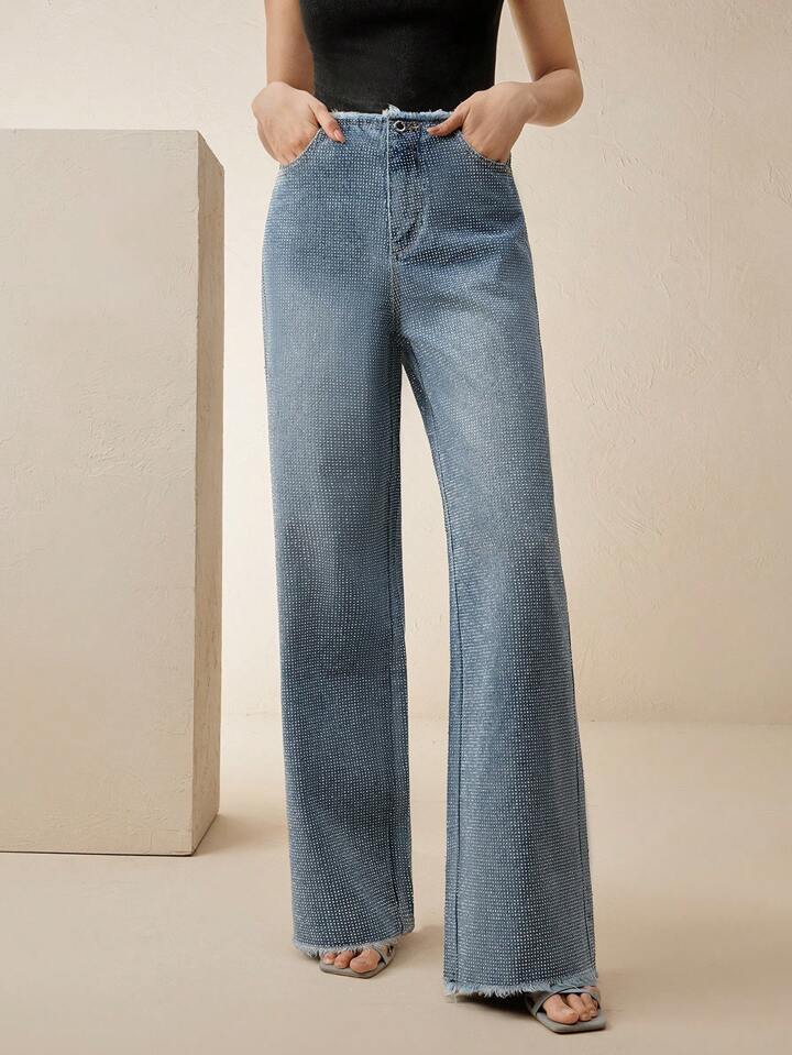 CM-BS407709 Women Elegant Seoul Style Mid Waist Rhinestone Decorated Straight Cut Frayed Hem Jeans - Blue
