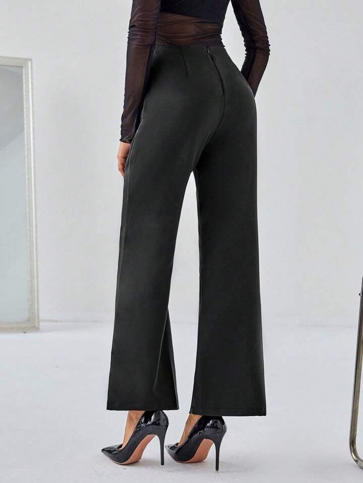 CM-BS551610 Women Elegant Seoul Style Solid Color Elastic Waist Slim Fit Flared Pants - Black