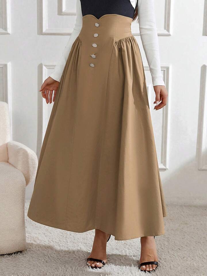 CM-BS236107 Women Elegant Seoul Style Button Decorated Pleated Skirt - Khaki