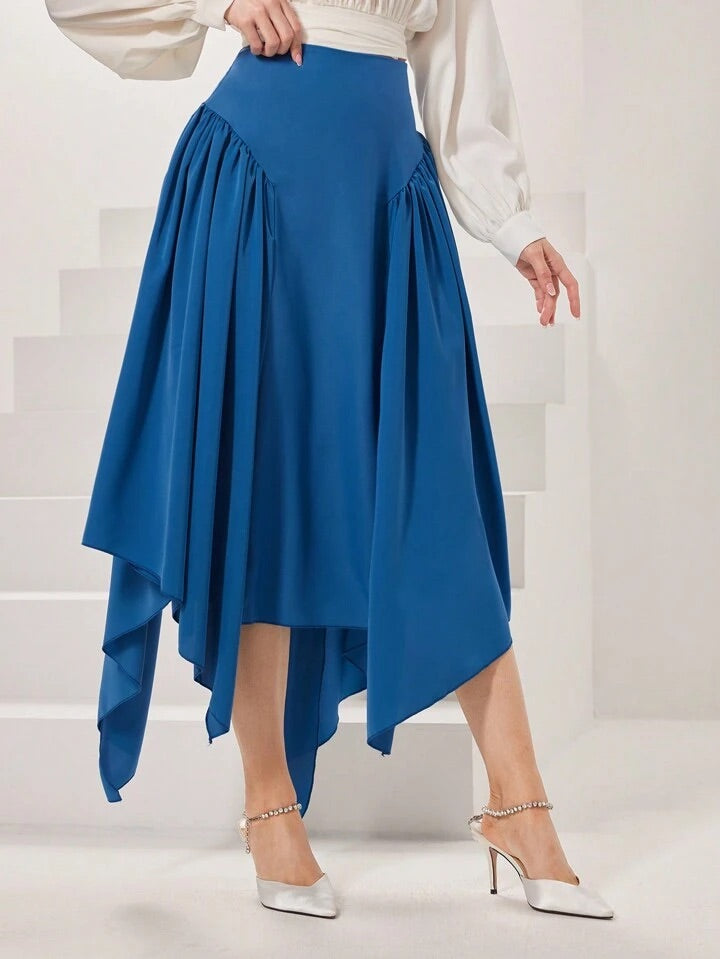 CM-BS168235 Women Elegant Seoul Style Solid Color Asymmetric Hem Skirt - Blue