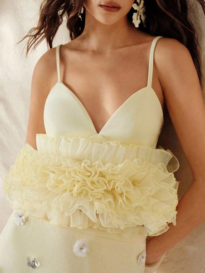 CM-TS564794 Women Elegant Seoul Style Solid Color Knit Patchwork Multi-Layer Ruffle Organza Camisole Top - Light Yellow