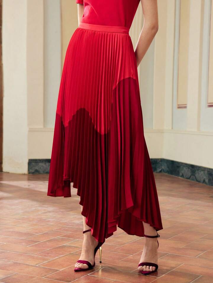 CM-BS688215 Women Elegant Seoul Style Mid Waist Colorblock Pleated Asymmetrical Satin Hem Skirt - Red