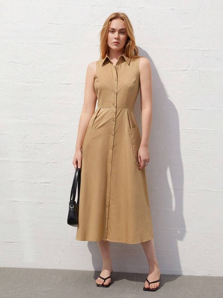 CM-DS774215 Women Casual Seoul Style Collar Neckline Sleeveless Shirt Dress - Khaki