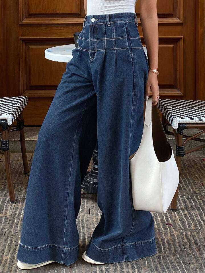 CM-BS285981 Women Casual Seoul Style Dark Wash Loose Wide Leg Denim Jeans