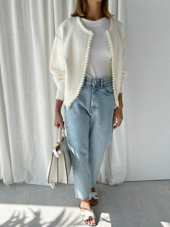 CM-CS690395 Women Casual Seoul Style Pearl Trim Distressed Hem Long Sleeve Knit Sweater - White