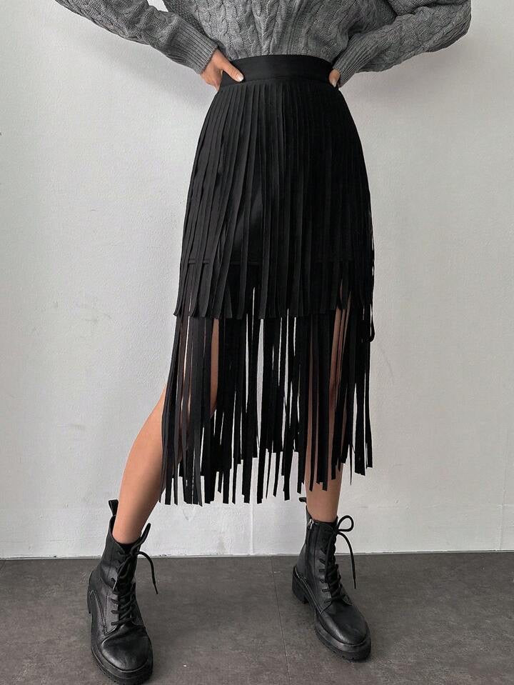 CM-BS128411 Women Casual Seoul Style Asymmetrical Patchwork Fringe Skirt - Black