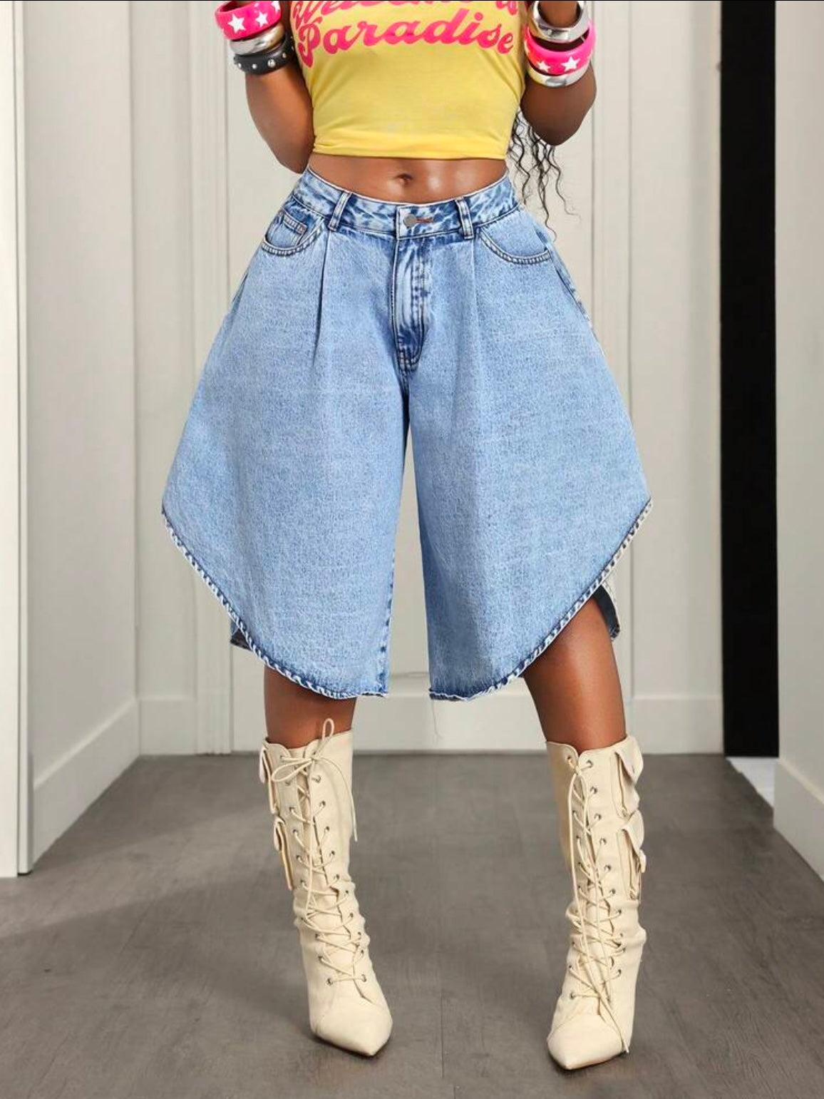 CM-BS362252 Women Casual Seoul Style Mid Waist Loose Fit Wide Leg Denim Shorts - Blue