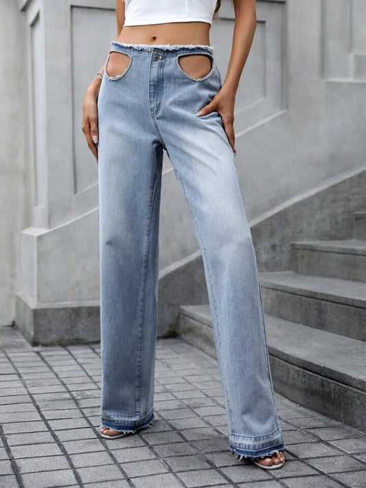 CM-BS361919 Women Casual Seoul Style Light Wash Cut Out Drop Waist Jeans