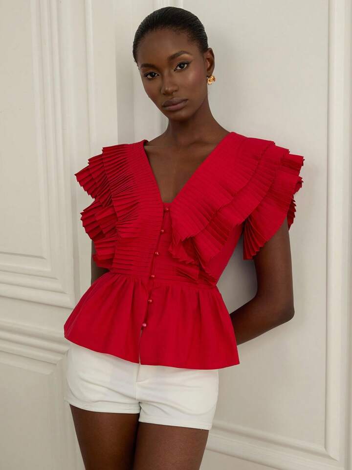 CM-TS888920 Women Elegant Seoul Style V-Neck Flounce Sleeve Multi-Layer Ruffle Pleated Blouse - Red