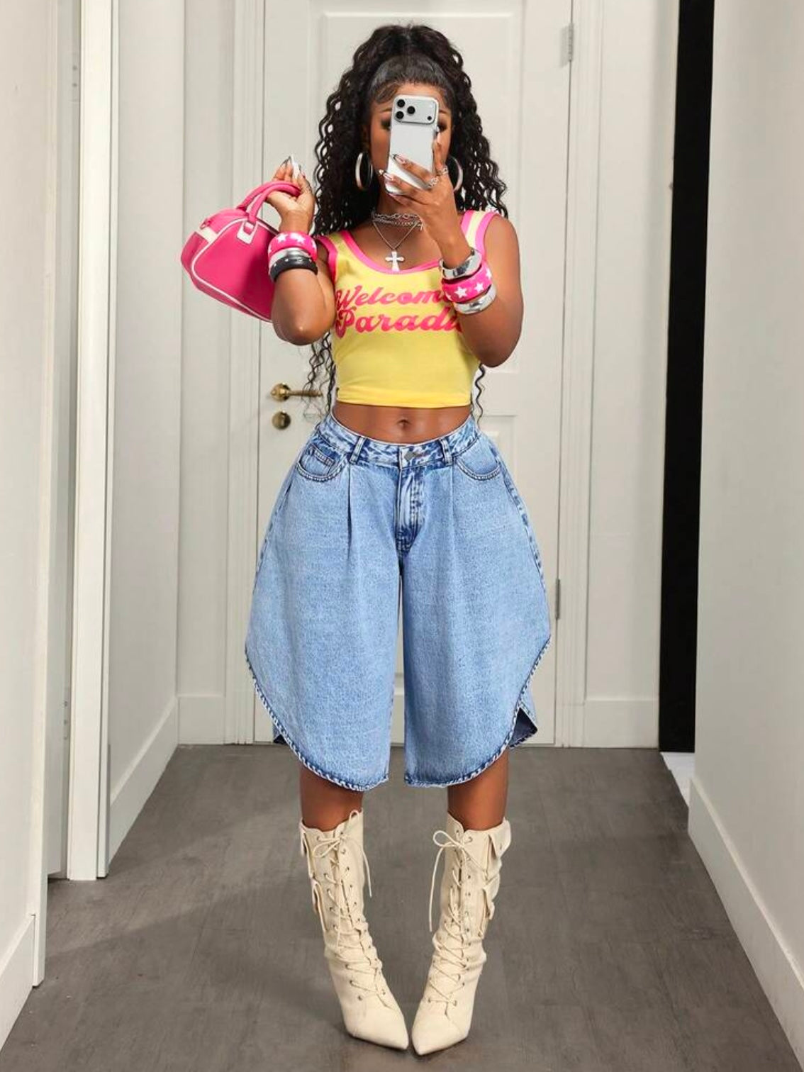 CM-BS362252 Women Casual Seoul Style Mid Waist Loose Fit Wide Leg Denim Shorts - Blue
