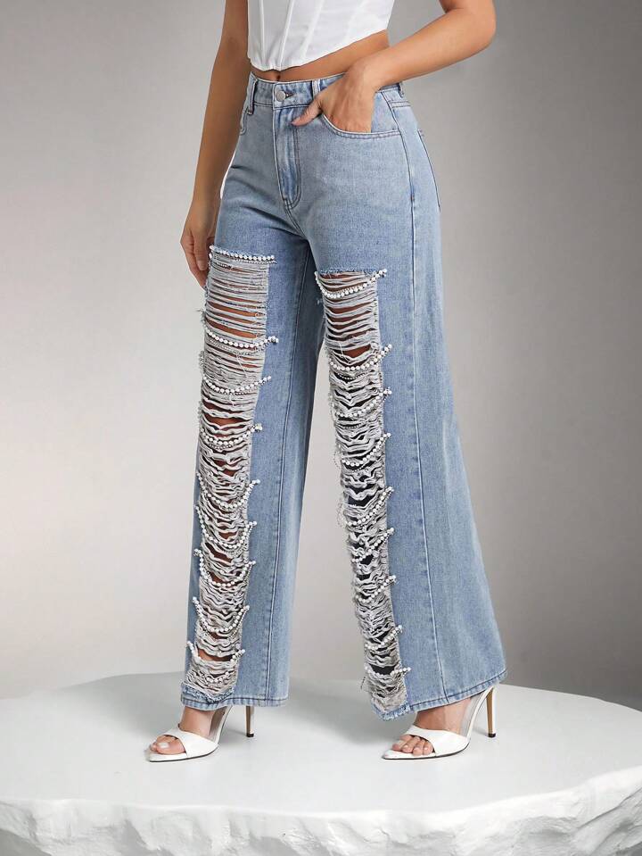 CM-BS343367 Women Casual Seoul Style Low Waist Distressed Pearl Accents Wide-Leg Jeans - Royal Blue