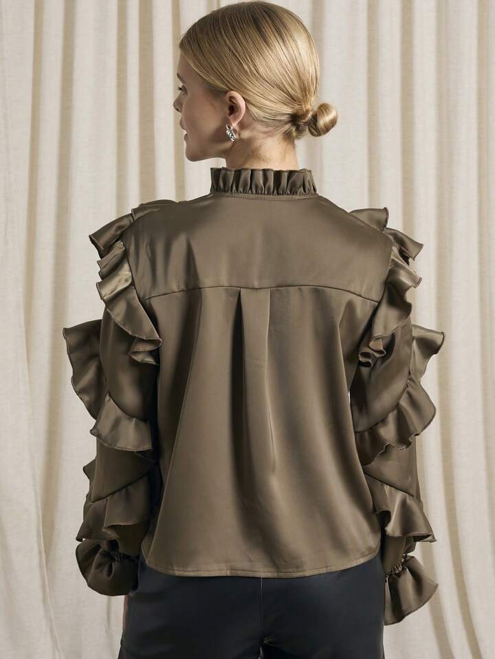 CM-TS920507 Women Elegant Seoul Style Keyhole Neckline Flounce Sleeve Satin Ruffle Blouse - Army Green