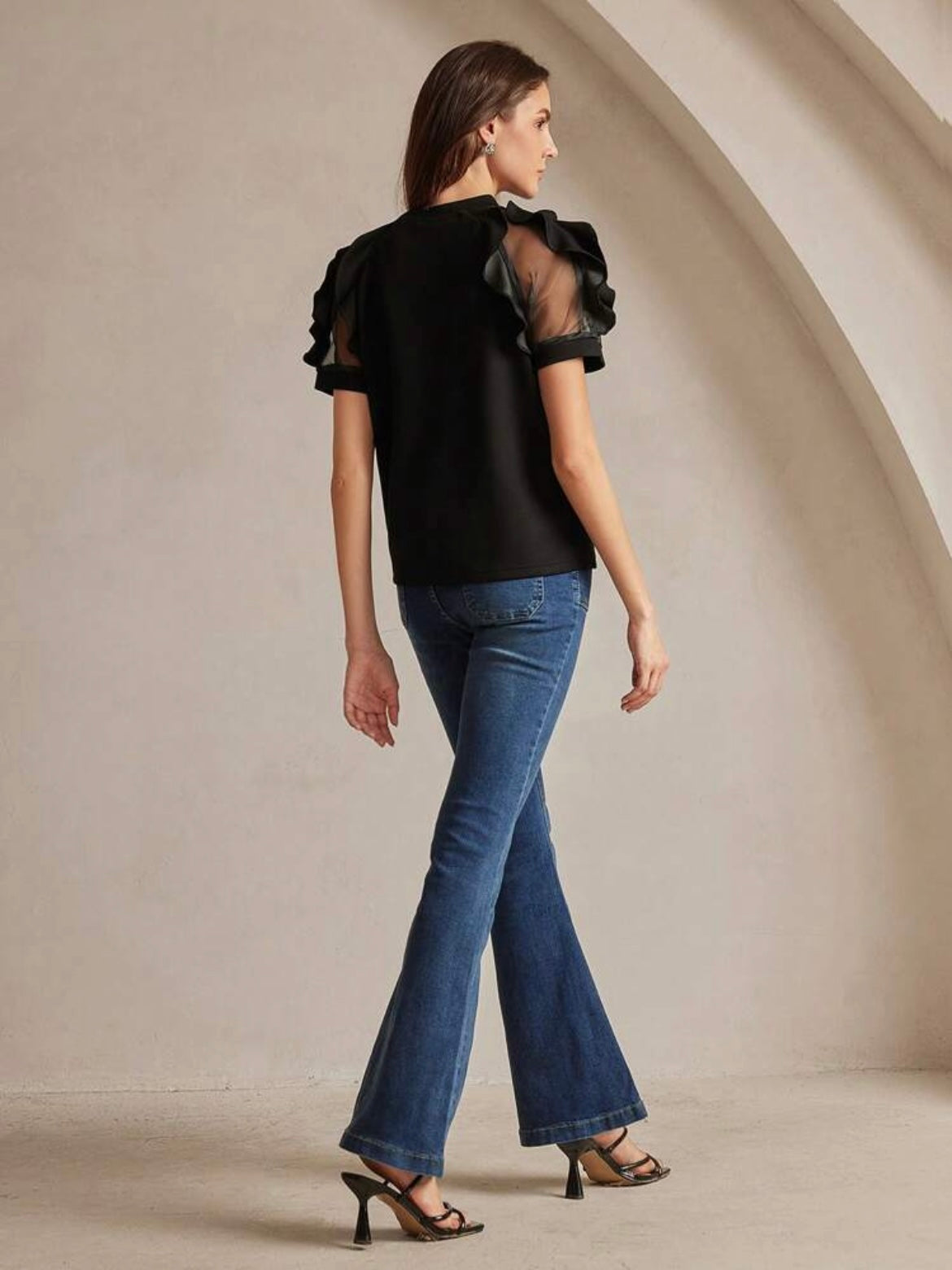 CM-TS001747 Women Elegant Seoul Style Round Neck Ruffle Trim Fitted Short Sleeve T-Shirt - Black