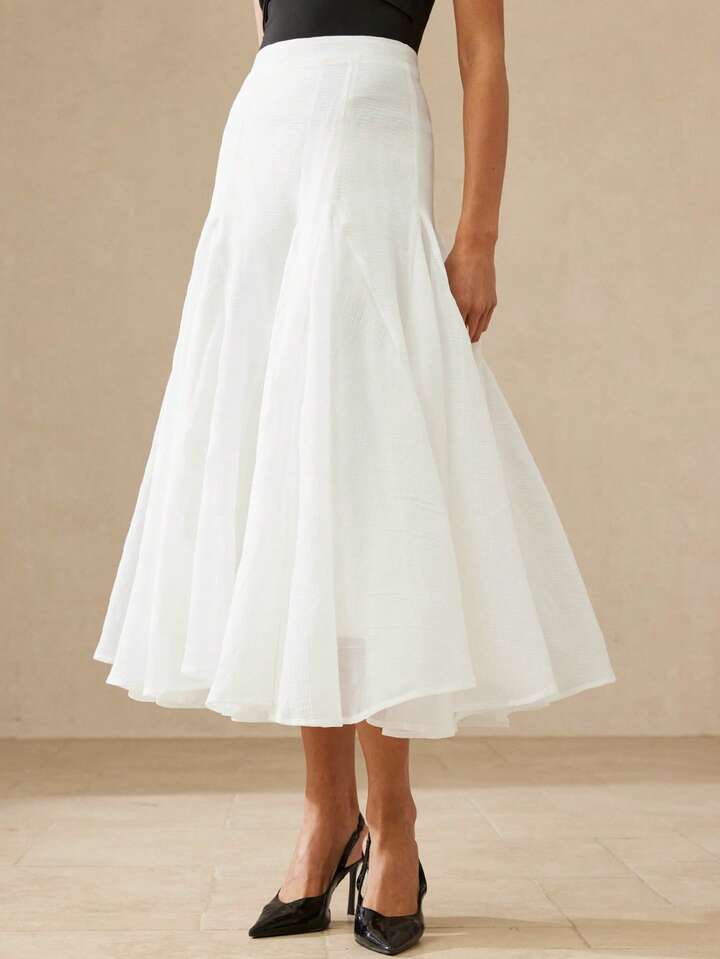 CM-BS947446 Women Elegant Seoul Style Mid Waist Pleated Oversized Hem Design Skirt - White