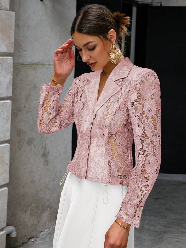 CM-TS471795 Women Elegant Seoul Style Lace Lapel Collar Long Sleeve Shirt - Pink