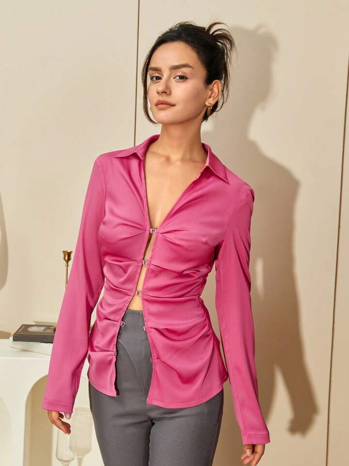 CM-TS300599 Women Elegamnt Seoul Style Collar Neckline Long Sleeve Shirt - Pink