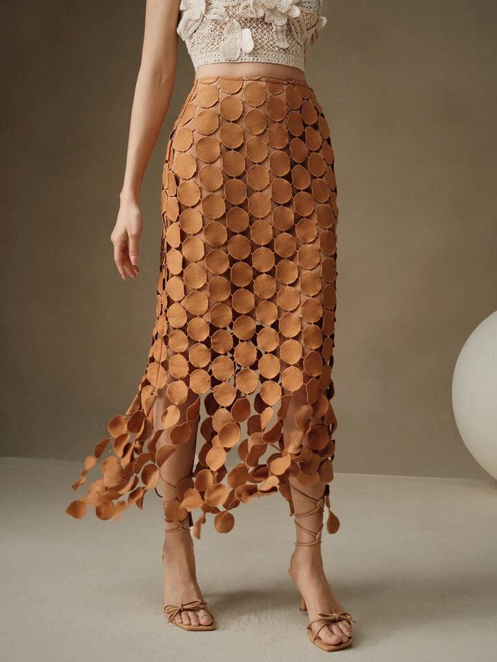 CM-BS401531 Women Trendy Bohemian Style Laser Cut Multi Circle Double Layered Maxi Skirt - Khaki