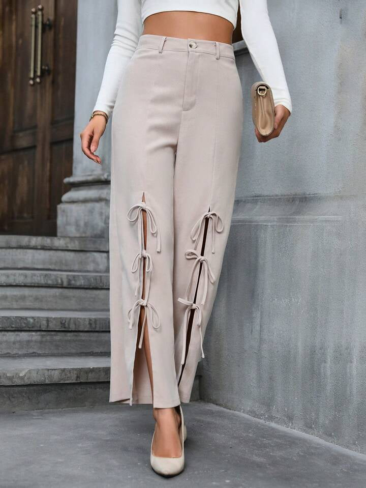 CM-BS405175 Women Casual Seoul Style Bowknot Decoration High Slit Wide Leg Pants - Apricot