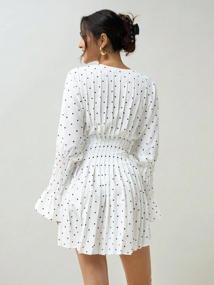 CM-DS010502 Women Elegant Seoul Style Polka Dot Printed Batwing Sleeve Pleated Waist Dress