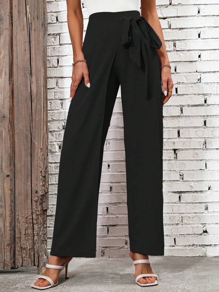 CM-BS445493 Women Casual Seoul Style High Waist Knot Side Pants - Black