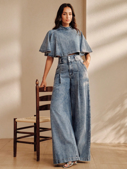 CM-SS412905 Women Elegant Seoul Style Stand Collar Cloak Sleeve Cape Top With High Waist Wide Leg Long Pants - Set