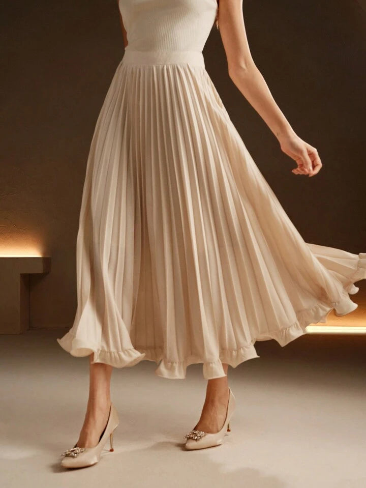 CM-BS741398 Women Elegant Seoul Style Pleated Woven Ruffle Hem Long Skirt - Apricot