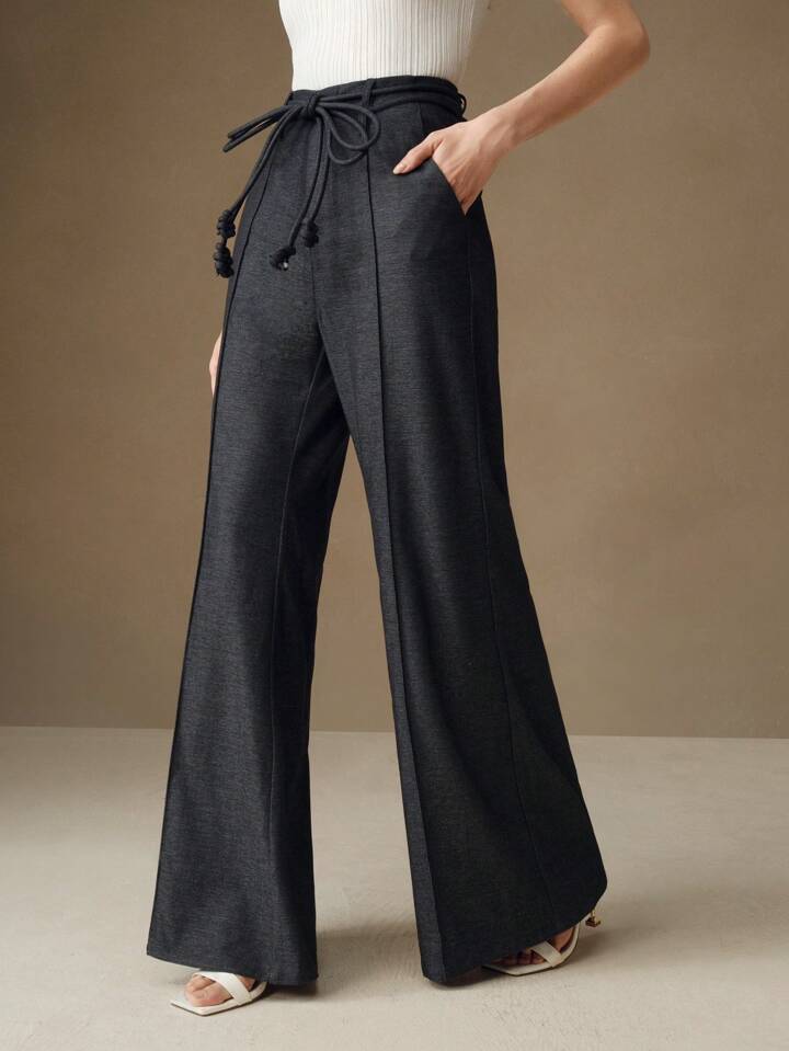 CM-BS432631 Women Casual Seoul Style High Waist Tie Belted Wide Leg Flare Palazzo Trousers