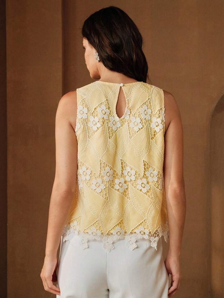 CM-TS157263 Women Elegant Seoul Style Rhinestone Collar Lace Embroidered Floral Sleeveless Blouse - Yellow