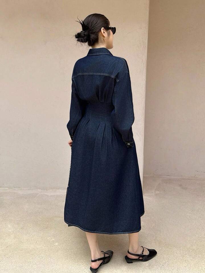 CM-DS911860 Women Casual Seoul Style Dark Wash Collar Neckline Long Sleeve High  Waist Midi Denim Dress
