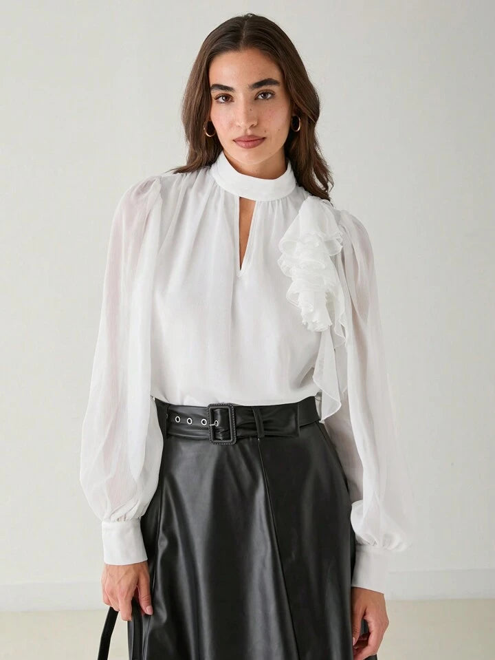 CM-TS119112 Women Elegant Seoul Style Stand Collar Long Sleeve Ruffle Trim 3D Floral Blouse - White