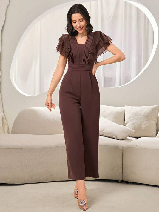 CM-JS303141 Women Elegant Seoul Style Square Neck Flounce Sleeve Ruffle Trim Pleated Jumpsuit - Coffee Brown