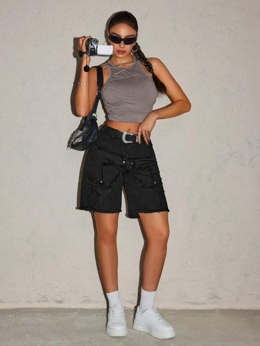 CM-BS963154 Women Casual Seoul Style Patchwork Frayed Hem Bermuda Denim Shorts - Black