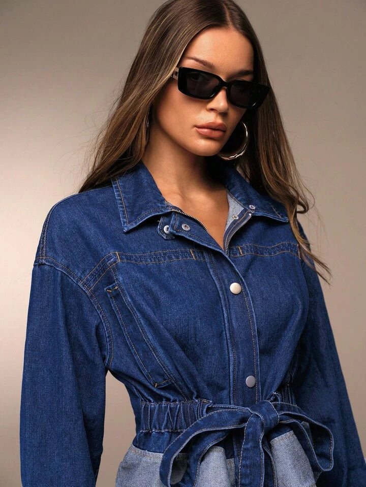 CM-CS044001 Women Elegant Seoul Style Dark Wash Collar Neckline Single Breasted Long Sleeve Denim Jacket