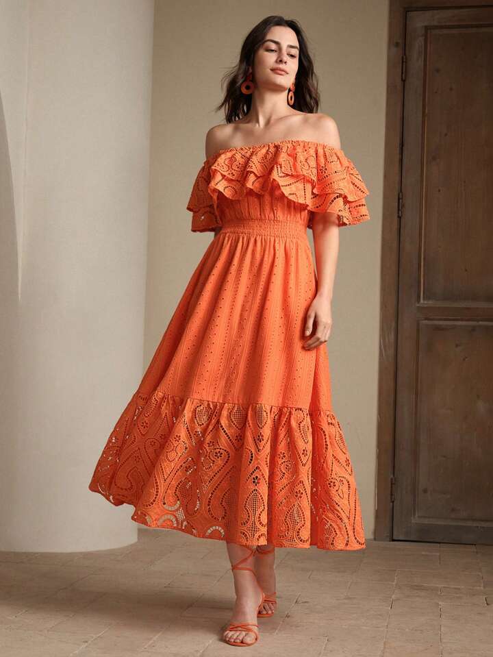CM-DS642728 Women Elegant Seoul Style Hollow-Out Embroidered Lace Off-Shoulder Dress - Orange