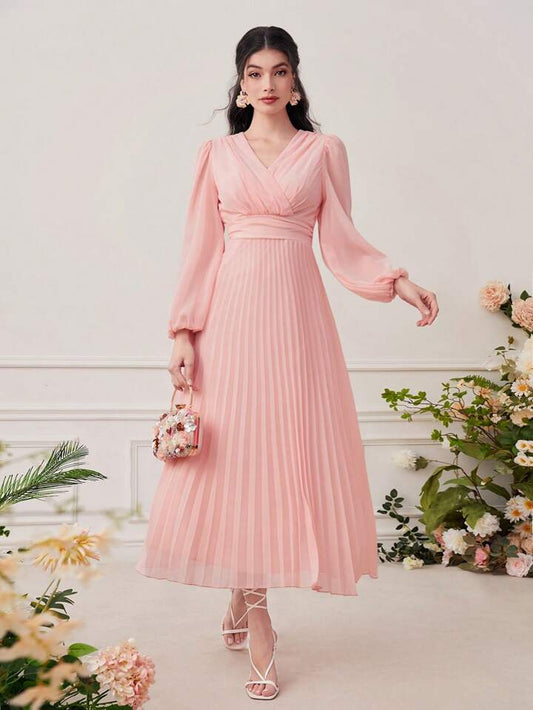 CM-DS466236 Women Elegant Seoul Style Surplice V-Neck High Waist Pleated Hem A-Line Dress - Dusty Pink