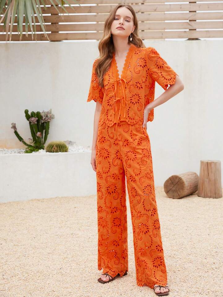 CM-SS428229 Women Trendy Bohemian Style V-Neck Short Sleeve Bowknot Tie Blouse With Long Pants - Set