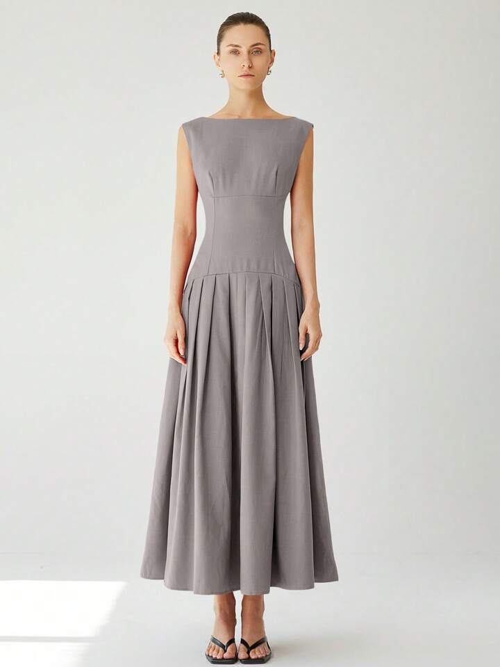 CM-DS887721 Women Elegant Seoul Style Sleeveless Cinched Waist Low Waist Pleated Ruffle Hem Long Dress - Gray