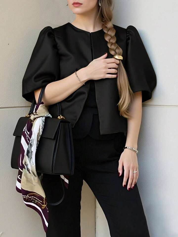 CM-TS414658 Women Elegant Seoul Style Solid Color Round Neck Puff Sleeve Shirt - Black