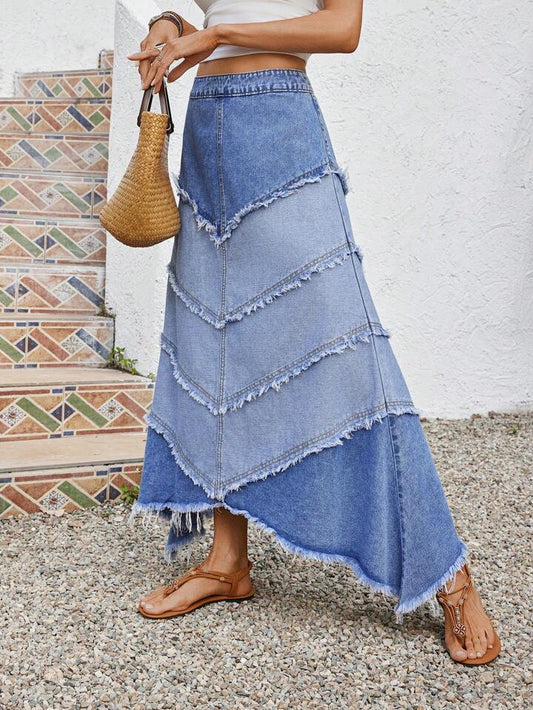 CM-BS193943 Women Casual Seoul Style Medium Wash Patchwork A-Line Denim Skirt