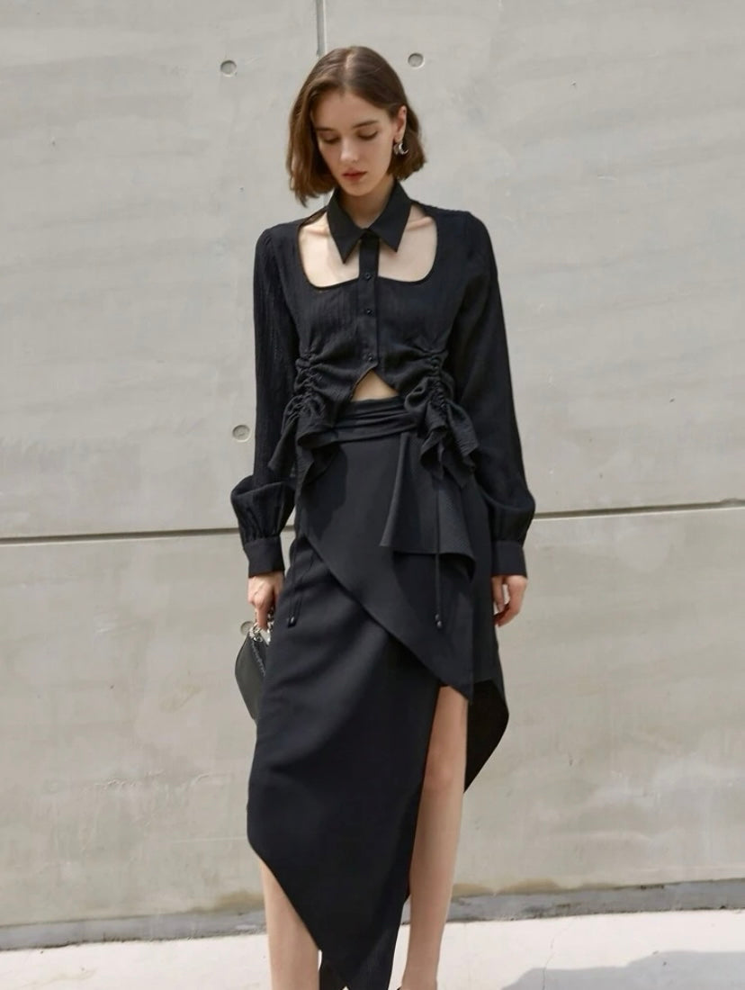 CM-BS433928 Women Casual Seoul Style Solid Asymmetrical Hem Midi Skirt - Black