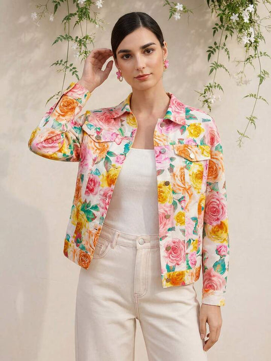 CM-CS615979 Women Casual Seoul Style Collar Neckline Long Sleeve Rose Floral Print Loose Denim Jacket