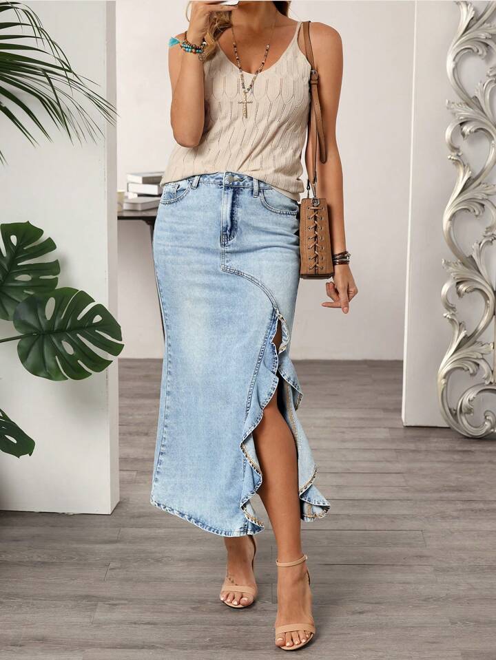 CM-BS589879 Women Casual Seoul Style Washed High Slit Ruffle Hem Denim Skirt - Blue